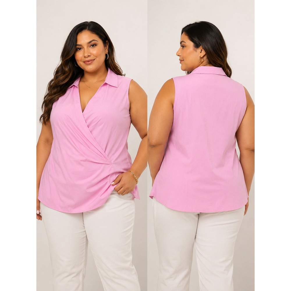 Talbots Woman Petites Pink Sleeveless Surplice Wrap Poplin Top 14WP Side Zip